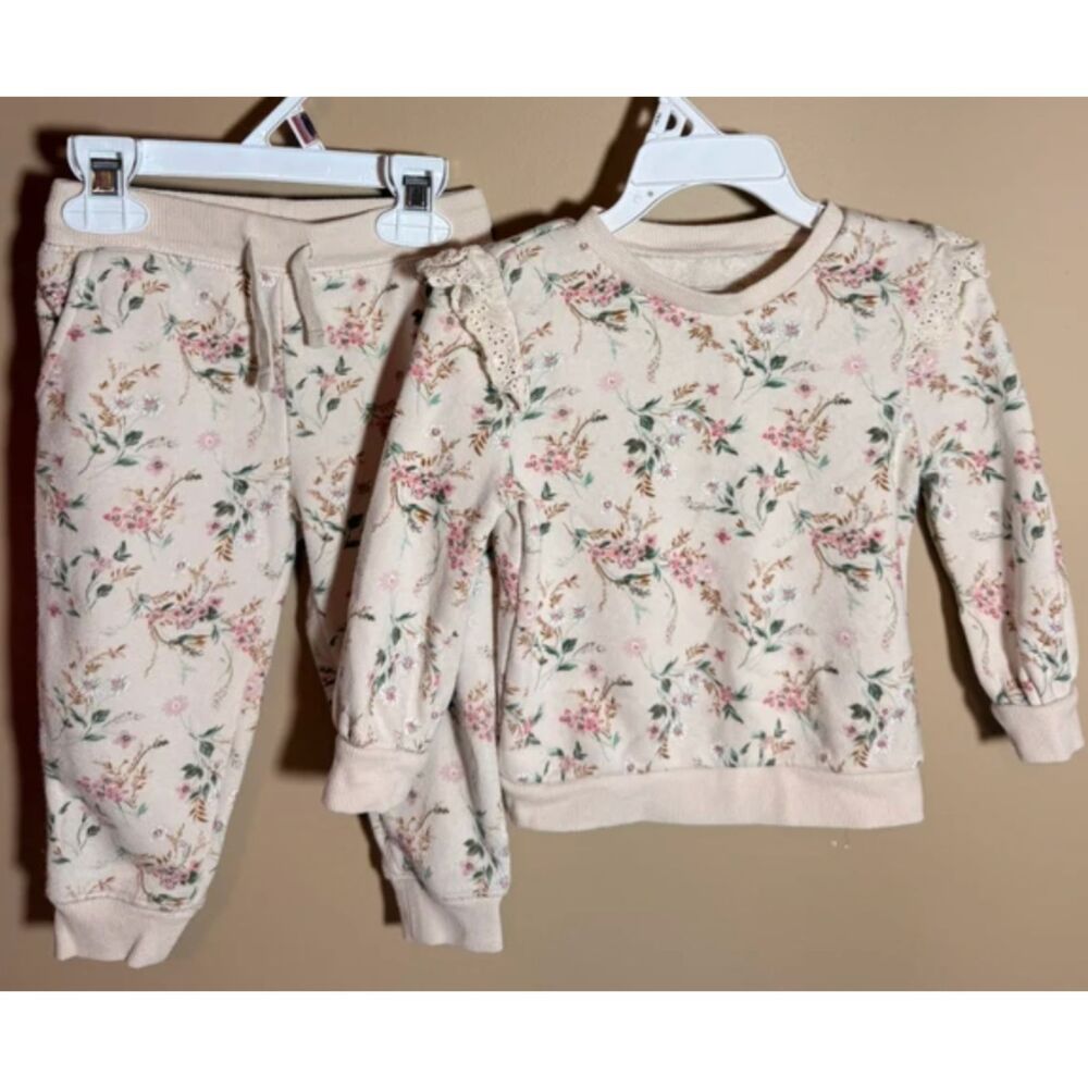 Oshkosh Beige Pink Green White Floral Sweatshirt & Sweatpants Outfit 18m 4013